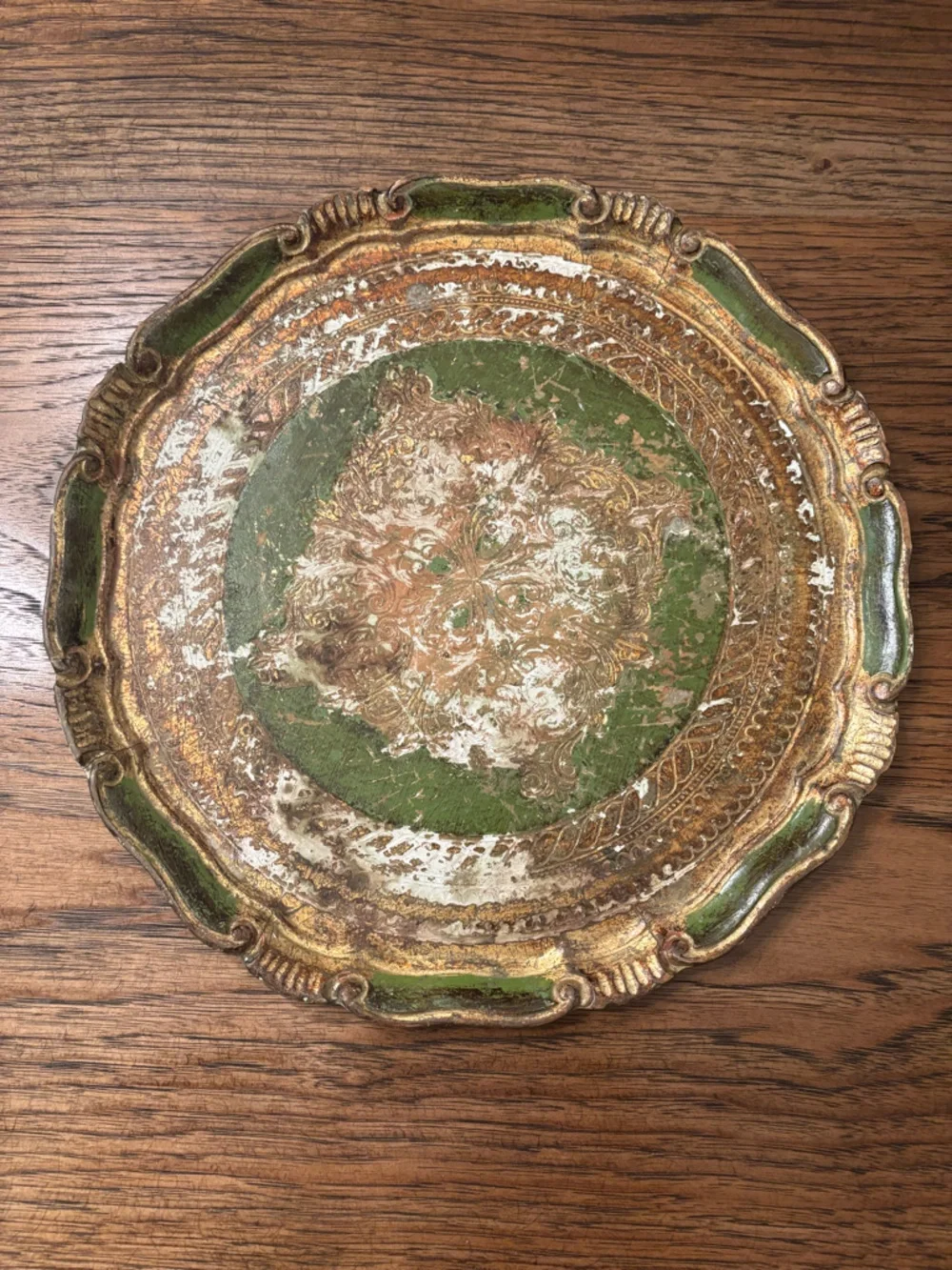 Vintage Italian Florentine Gilt Tray Green Gold Ornate Rococo Tole Style 13”